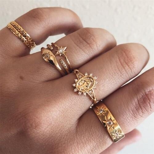 New Vintage Gold Sun Crystal Pentagram Virgin Mary Ring Sets For Women New Boho Adjustable Fashion Wedding Party Gift Wholesale