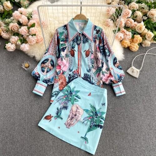 European and American style spring 2021 new lapel puff sleeve shirt + high waist slim skirt retro printing suit