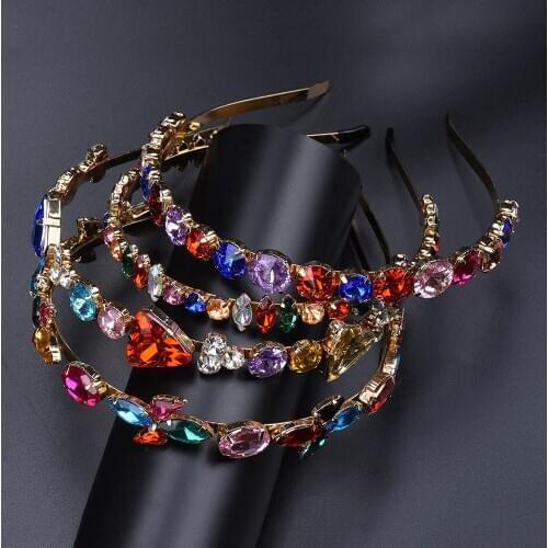 Baroque Lady Metal Belt Hairband Geometric Colorful Crystal Thin Women Hair Band Elegant Bridal Wedding Hair Jewelry Accessories