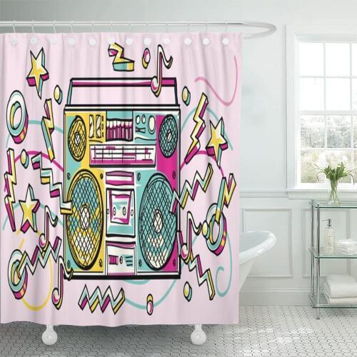 Orange Graffiti Funky Colorful Drawn Boombox Hip Hop Retro Shower Curtain Waterproof Fabric 60 x 72 Inches Set with Hooks