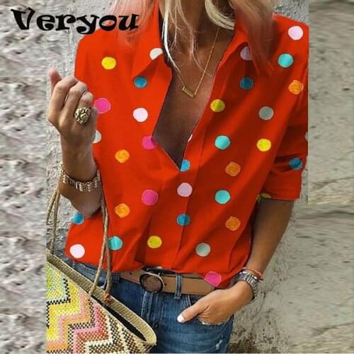 2021 Summer Blouse Shirt Women Turn Down Collar Dot Print Shirts Office Ladies Casual Tops 3/4 Sleeve Vintage Shirt Female S-3XL
