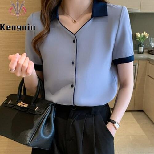 Chiffon Women Blouse 2021 New Summer Vintage Office Work Lady Shirts Loose Short Sleeve Tops Female Blouse and Shirts KE1475
