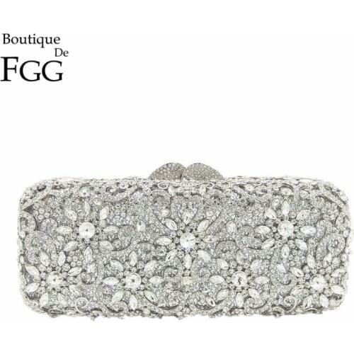Boutique De FGG Dazzling Flower Women Silver Crystal Clutch Purses and Handbags Ladies Evening Bags Wedding Party Minaudiere Bag