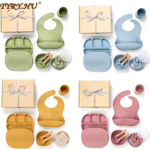 TYRY.HU 1set Silicone Bib Feeding Set Baby Bowl Dinner Plater Tableware Snack Cup Water cup Waterproof Spoon Non-Slip BPA Free