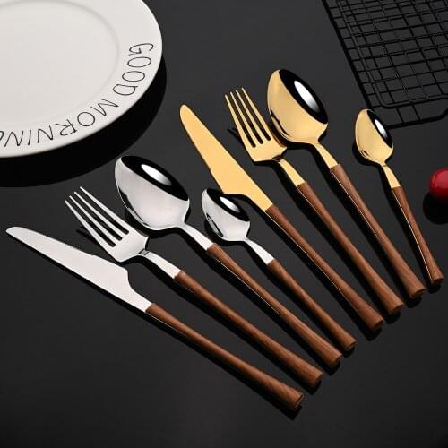 16Pcs/Set New Dinnerware Stainless Steel Flatware Knife Fork Spoon Mirror Golden Silver Wooden Handle Kitchen Western Tableware
