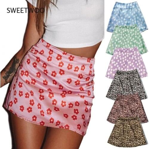 2021 High-Waisted Satin Print Skirt European and American Pink Flower Leopard Skirt with Impervious Fabric