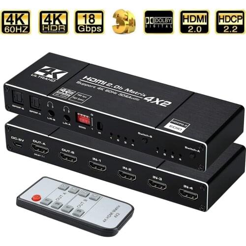 2021 4x2 Matrix Switch Splitter with SPDIF and L/R 3.5mm HDR HDMI-compatible Switch 4x2 Support HDCP 2.2 ARC 3D 4K@60Hz for PS5