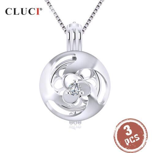 CLUCI 3pcs Zicron 925 Sterling Silver Pendant for Pearl Jewelry Making Shamrock Flower Shaped Silver 925 Pearl Locket SC335SB