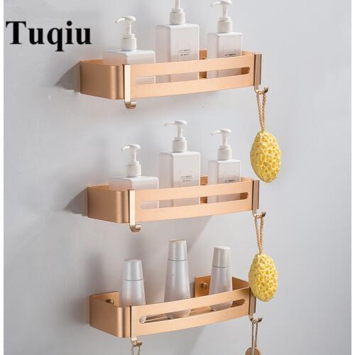 Nail Free Space Aluminum Gold Bathroom Shelf Cosmetic Rack With Single Lever Bath Corner Basket With Hook Bathroom Rack Shelf