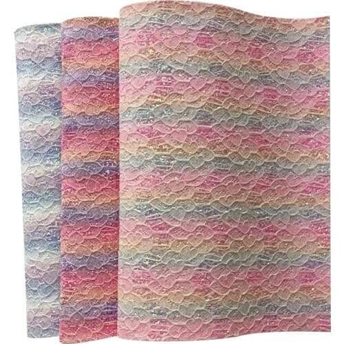 Rainbow Color Changing PU Glitter Lace Mesh Faux Leather Fabric Sheet for Making Cover/Hair Bow/Decoration