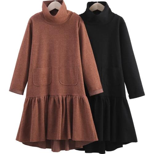 New Arrival Kids Girls Long Dresses Fashion Solid Color Turtleneck Clothes for Teenage Cotton Children Black Ruffles Dress 8 12Y