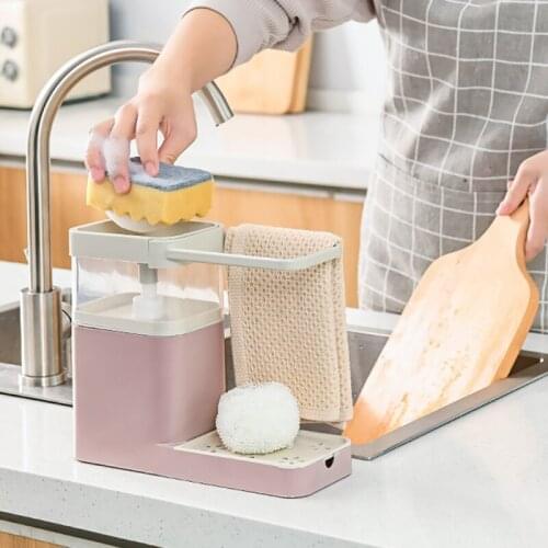 Two In One Sponge Drain Soap Dispenser With Sponge Pump Dispenser Wipe Arrangement Rack Dish Towel Hanger Kitchen Storage Holder