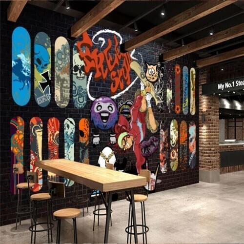 Custom wallpaper mural street sports skateboard graffiti retro nostalgic brick wall background interior decoration painting