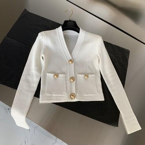 New 2021FW Autumn Women Luxury High Quality V Neck Short Slim Cardigan Female Fashion Sweater Coat 2 Color Gdnz 6.11