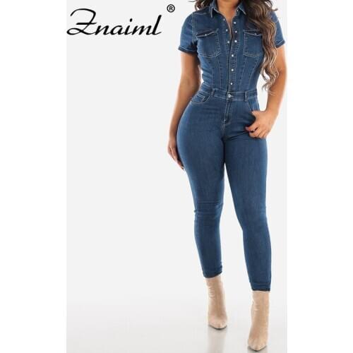 Women Blue Jeans Jumpsuit Sexy Short Sleeve Single-breasted Slim Button Pockets Denim Jumpsuits Ladies Club Night Wear Rompers