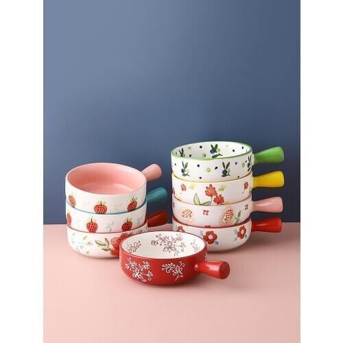 Creative Ceramic bowl with Handle anti-scalding cute baking bowl household oat salad bowl noodle rice bowl one person tableware