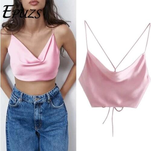 Za 2021 Pink Satin Crop Top Women Summer tops Spaghetti Straps Backless Sexy Tank Top Female Beachwear Tanks Camis