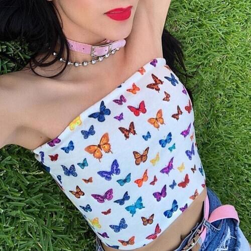 Butterfly Print Summer Women Girl Wrapped Chest Boob Tube Transgender Undershirt Strapless Short Tube Tops Crop Top