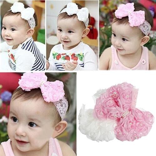 HOT SALES! New Arrival Baby Girl Kid Toddler Faux Pearl Headband Rose Bow Lace Hairband Flower Headdress Suitable for Baby 3M-3Y