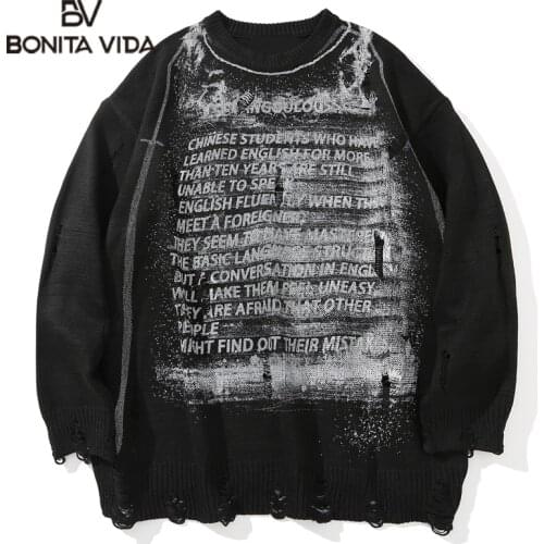Bonita Vida Oversized Hip Hop Streetwear Harajuku Sweater Men Letter Print Vintage Loose Hole Pullover Long Sleeve Sweater