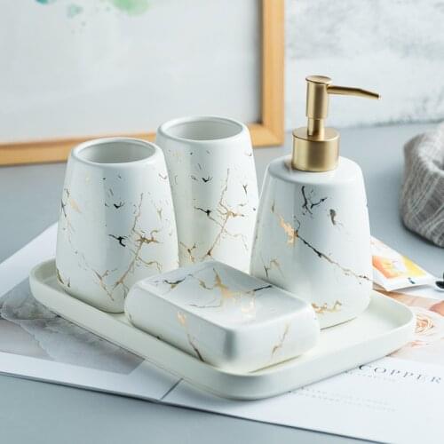 Luxury Marble Ceramic Bathroom Set for Bath Tray Bathroom Decoration Gift Restroom Soap Dish Dispenser Set Toothbrush Holder Kit