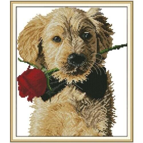 Dog and rose cross stitch kit aida 14ct 11ct count print canvas cross stitches needlework embroidery DIY handmade