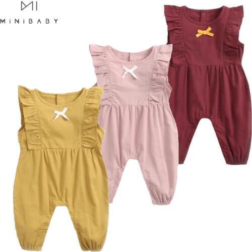 Summer New Arrival Baby Girls Costume Baby Candy Color Sleeveless O-neck Pure Cotton Lace Cute Rompers Kids Girls Jumpsuits 1pc