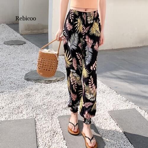 New Summer Womens Loose Harem Pants Boho Printed Pockets Wide Leg Loose Sweat Pants Wide Leg Pants Ethnic Retro Casual Pants
