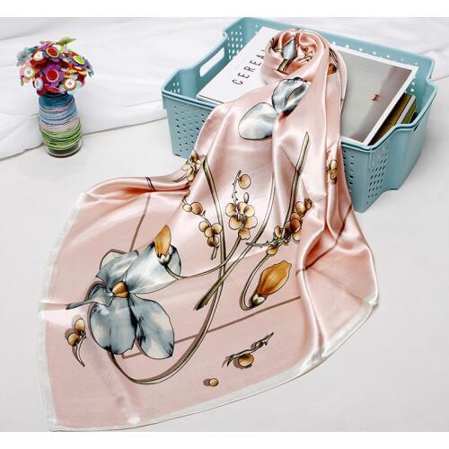 Fashion Floral Print Scarf For Women Square Neckerchief Satin Hijab Scarfs Female 90cm*90cm Luxury Headband Scarves For Ladies