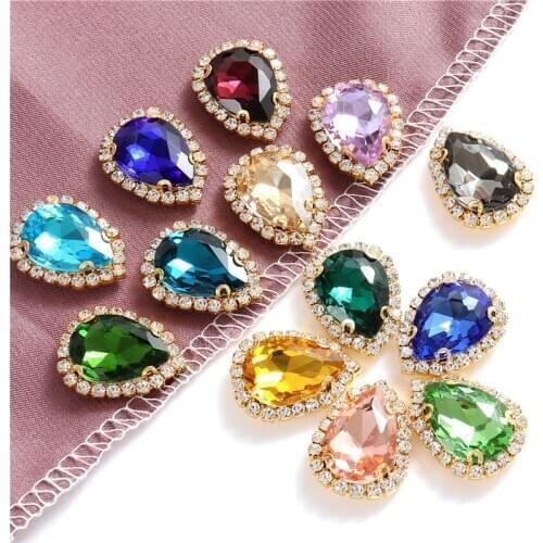 Colorful 4 Sizes Teardrop Glass Sew On Rhinestones With Golden Bottom Flatback Crystals Stones For Diy Clothing Accessories