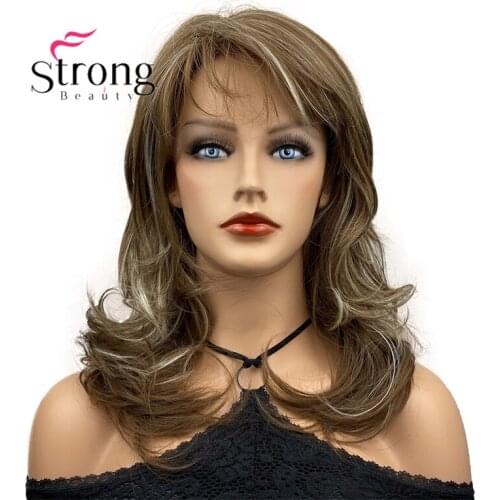 StrongBeauty Long Wavy Brown Blonde, Side Part, Heat Ok Full Synthetic Wig