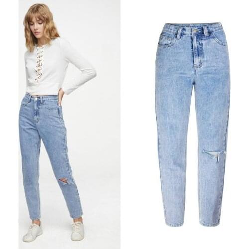 Women Boyfriend Jeans High Waist Knee Hole Ripped Loose Straight-leg Slim Fit Denim Pants Trendy Trousers Woman Mom Jean Cotton