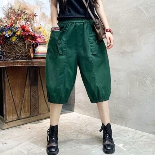 2021 New Arrival Summer Women Casual Loose Elastic Waist Knee Length Pants All-matched Pocket Cotton Harem Pants W469