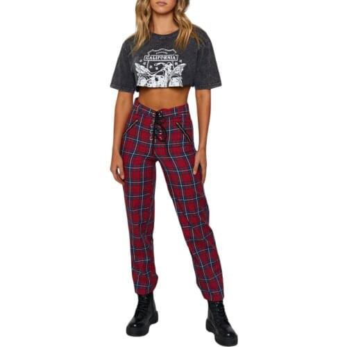 Womens Casual Straight Trousers Fashion Plaid Bandage High Waist Stretch Long Pants