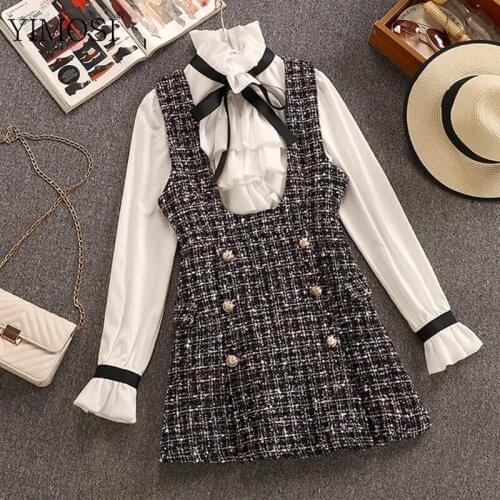 Autumn Winter 2 Piece Set Women Vintage Office Suit Women Ruffles Bow Shirt + Double-breasted Plaid Tweed Dress Outfits