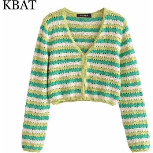 KBAT Women 2021 Green Stripes Cropped Cardigan Sweater Women Coat Autumn Woman Clothing Long Sleeve Top Chic Knit Sweater