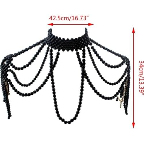 Simulated Pearl Beads Body Necklace for Women Fake Collar Bib Jewelry Shoulder Chain Tassels Harness Choker Dickey