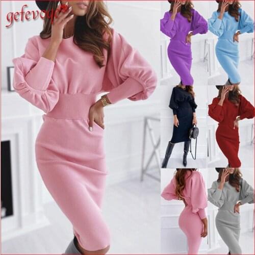 Autumn Winter Trendy Slim Clothing Women Elegant Office Lady Long Sleeve Knitted Bodycon Dresses Pullover Party Midi Dress Robe