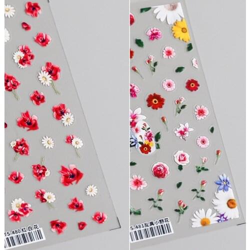 1pc Daisy 3D Stickers For Nails Art Decoration White Clear Floral Nail Slider Decals Blooming Rose Leaf Adhesive Stickers Wraps