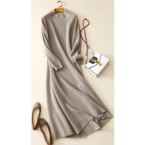 Elegant women winter warm casual high quality 100% cashmere knitted dress long