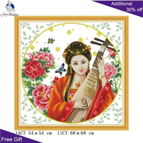 Joy Sunday Chinese Pipa Beauty RA272 14CT 11CT Counted and Stamped Home Decor Women Play Pipa Embroidery DIY Cross Stitch kits