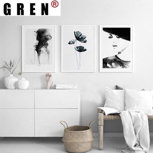 GREN Canvas Painting Modern New Chinese Ink Painting Abstract Woman or Lotus Flower Print Poster Picture Wall Art Home Decor