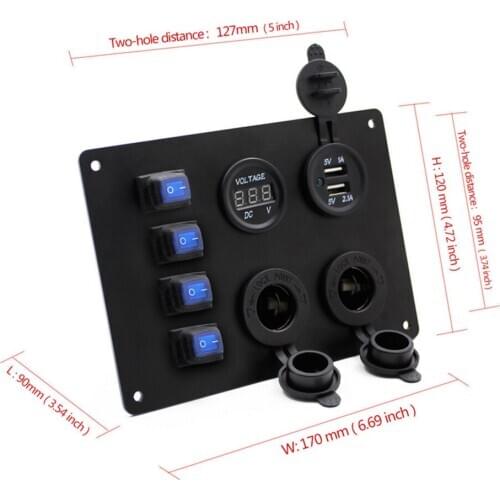 Rocker Switch Panel Gang with Dual USB Socket + Cigarette Lighter LED Light