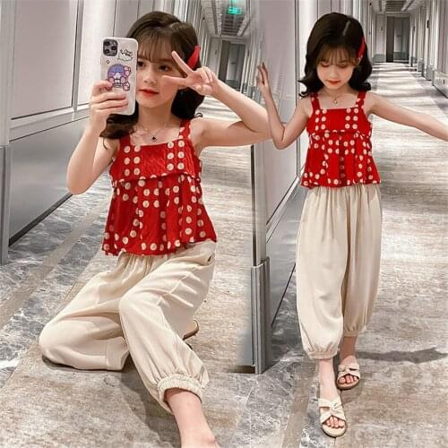 Summer Girls Clothes Set Children Sleeveless Dot Tops & pant for Kids teenager Girls Casual Suit Tracksuit 6 8 10 11 12 Years