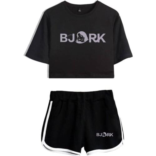 Hot BjorkTwo-Piece Fashion Hot Summer Cotton Print Exposed Navel black T-Shirt+black shorts Womens Suit clothing XS-2XL