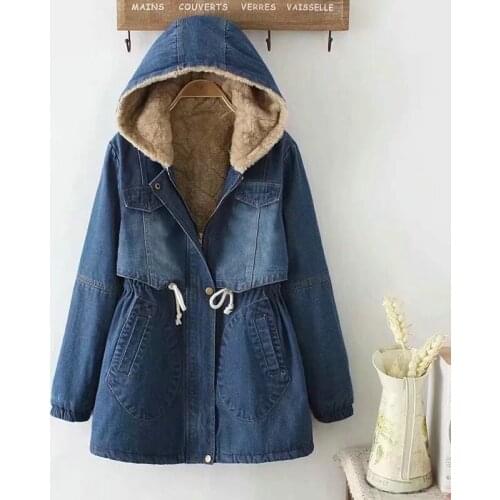 Denim Coat For Winter Women Fur Liner Warm Hooded Solid Blue Slim Drawstring Slim A-Line Fashion Outwear Coat Jackets Tops
