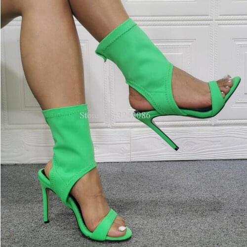 Green Elastic Women Short Sandals Boots Fashion Peep Toe Stiletto Heel Dress Sandals Lady Real Photos Large Size Party Shoes
