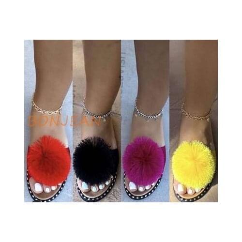 Spring summer New 2020 Women Cute Ladies Fox Fur Sandals Spherical Flat Non-slip Outdoor All-match Fashionable Slippers Home Ms
