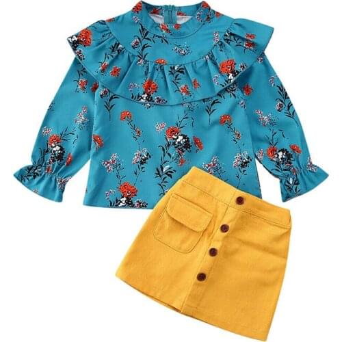 Toddler Kids Baby Girls Ruffle Floral Chiffon Blouse Tops Mini Skirts Newborn Infant Baby Girls Tracksuit School Clothes 1-5Y