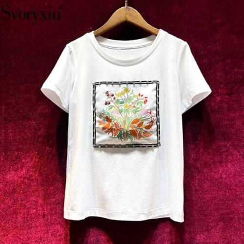 Svoryxiu Fashion Womens Summer Short Sleeve White T Shirts Female Crystal Diamond Flower Print Designer Tops Tees XL